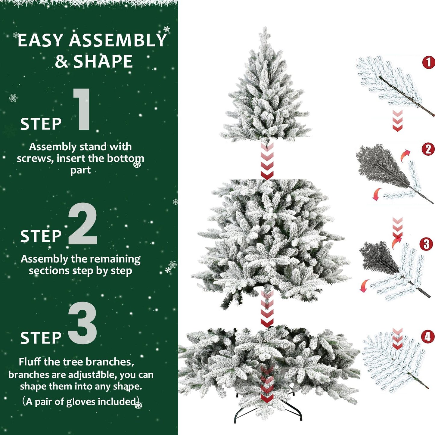 Fluffy 5FT White & Green Flocked Christmas Tree - Realistic Holiday Decor with Stable Base and Easy Setup