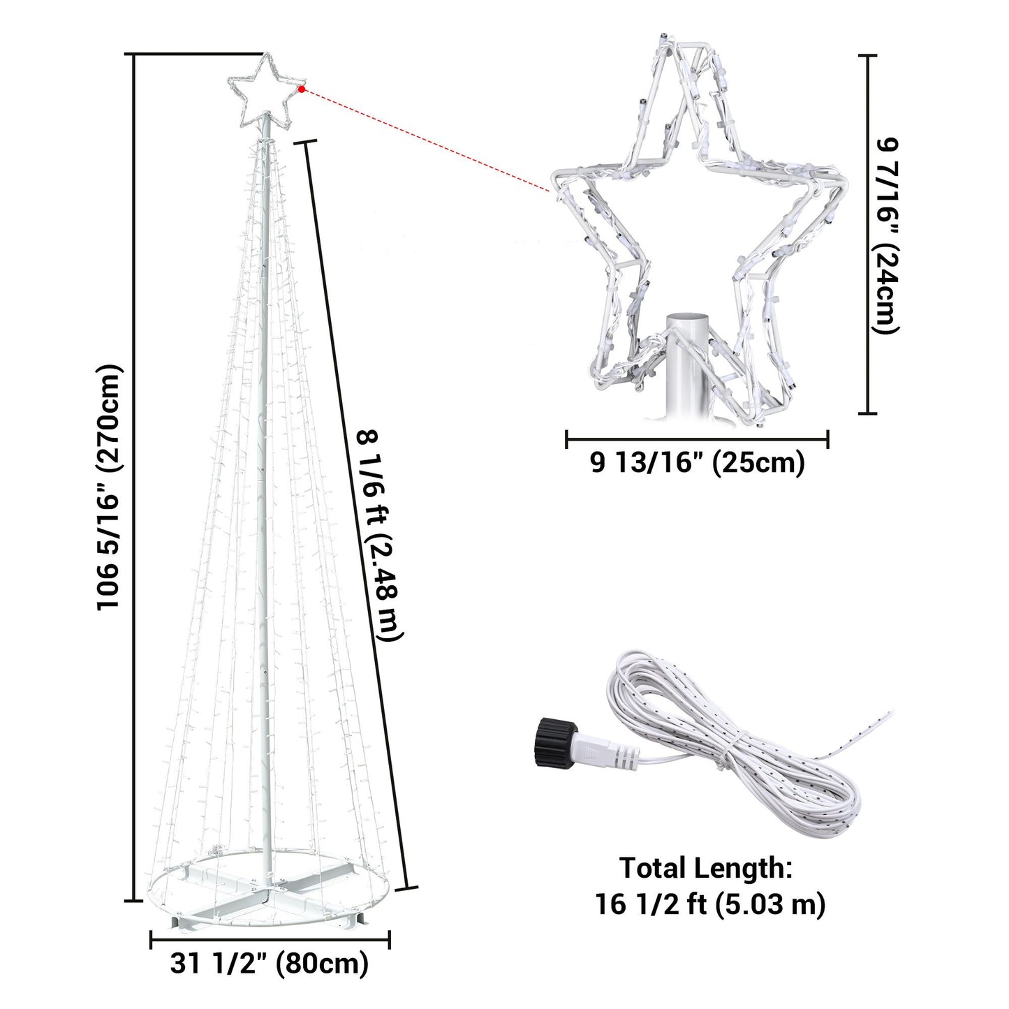 9 ft Solar-Powered LED Christmas Cone Tree Light with 640 Warm White Lights - Festive Outdoor Holiday Decor for 2024