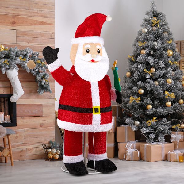 6FT Pre-lit Waving Santa Decoration – Sparkly Plush Fabric with 180 Warm White LED Lights, Indoor/Outdoor Holiday Decor 2024