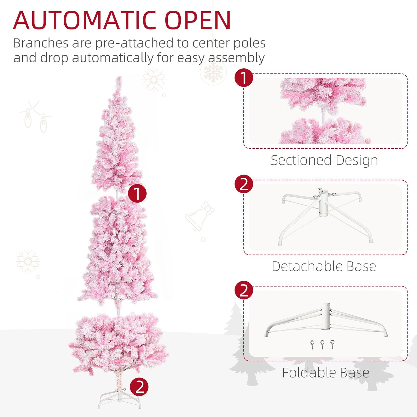 7.5 ft Slim Pencil Pink Christmas Tree – Snow-Flocked Artificial Tree with Realistic Branches for Festive Holiday Decor 2024