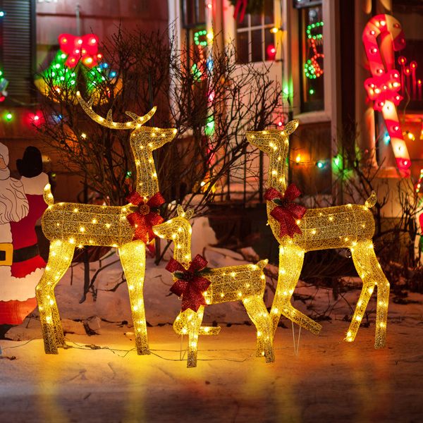 Pre-Lit 3-Piece Lighted Christmas Reindeer Family Set – Weatherproof 2D Outdoor Decor with 200 Warm White LEDs, Holiday Cheer for Christmas 2024