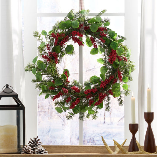 25.5-inch Leaves & Berries Wreath – Elegant Seasonal Decor, Perfect for Front Door, Christmas 2024