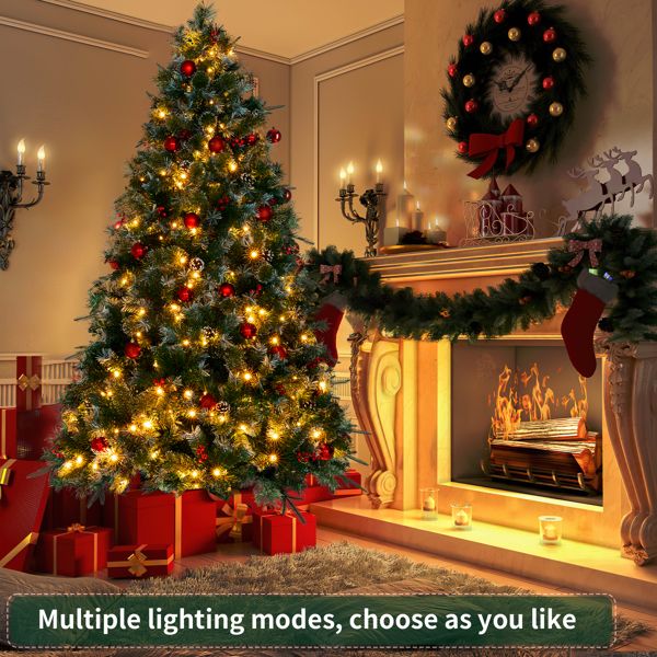 7.5ft Pre-Lit Flocked Christmas Tree with 450 LED Lights, 1500 Branch Tips, Pine Cones & Berries - Elegant Holiday Decor