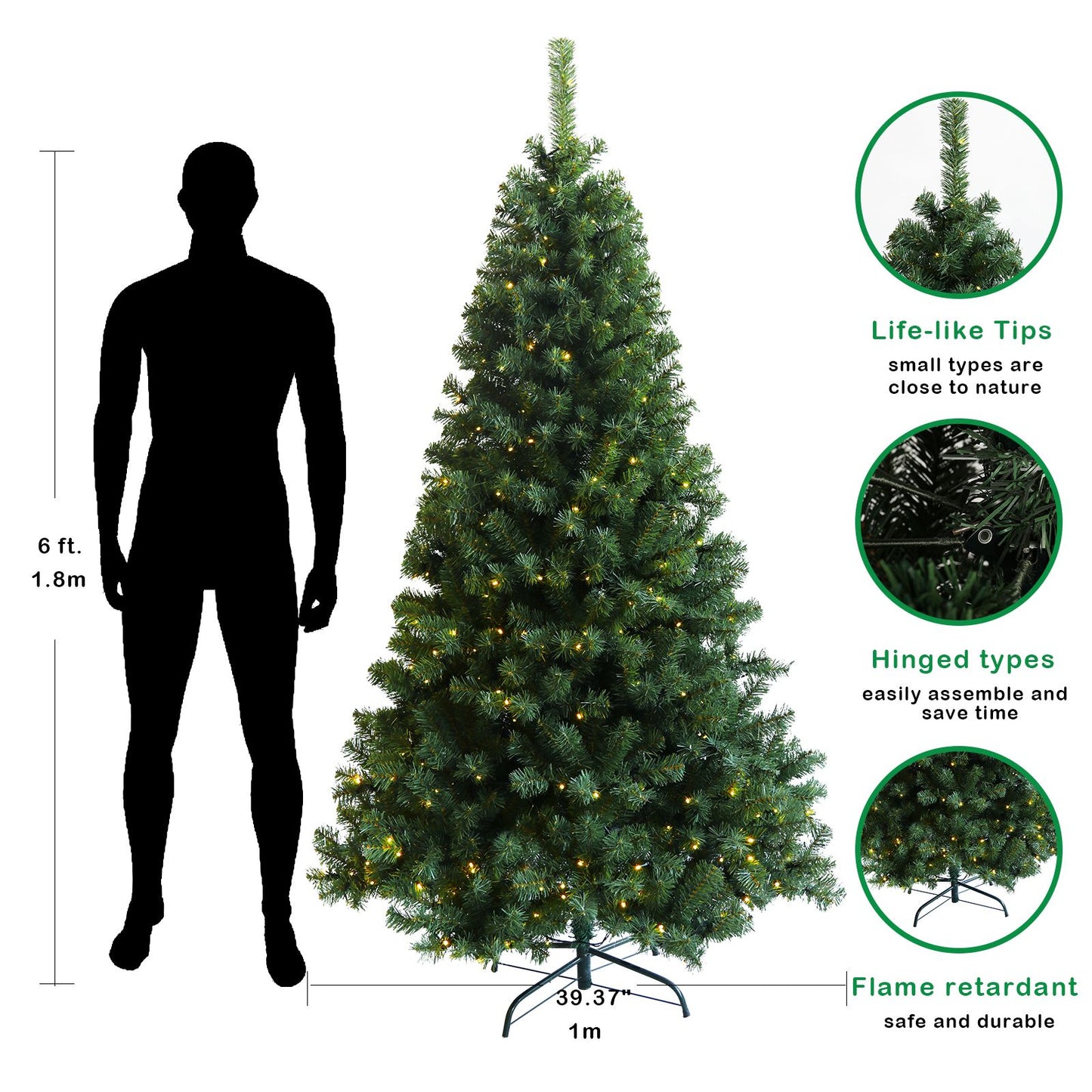 6ft Pre-lit Artificial Christmas Tree - Lifelike Hinged Xmas Tree with Sturdy Metal Stand, Perfect Holiday Decor