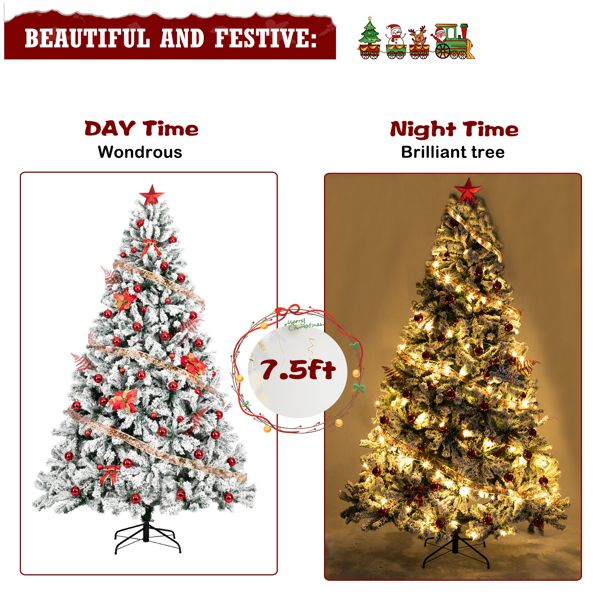 7.5 ft Pre-Lit Green Flocked Christmas Tree with 1450 Branches and Warm LED Lights - Perfect Holiday Decor for Christmas 2024