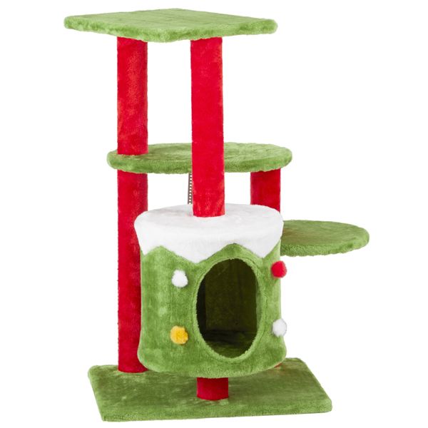 Festive 32in Christmas Cat Tree with Condo - 3-Level Plush Activity Center for Indoor Cats 2024