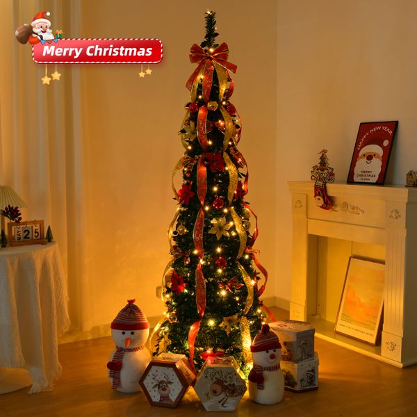 6 FT Pre-Lit Artificial Christmas Tree with Red & Gold Ornaments - Fully Decorated Holiday Decor for Home & Office 2024