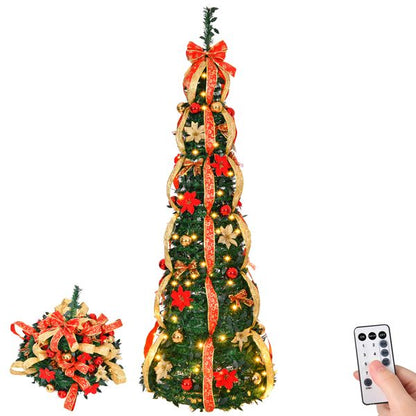 6 FT Pre-Lit Artificial Christmas Tree with Red & Gold Ornaments - Fully Decorated Holiday Decor for Home & Office 2024