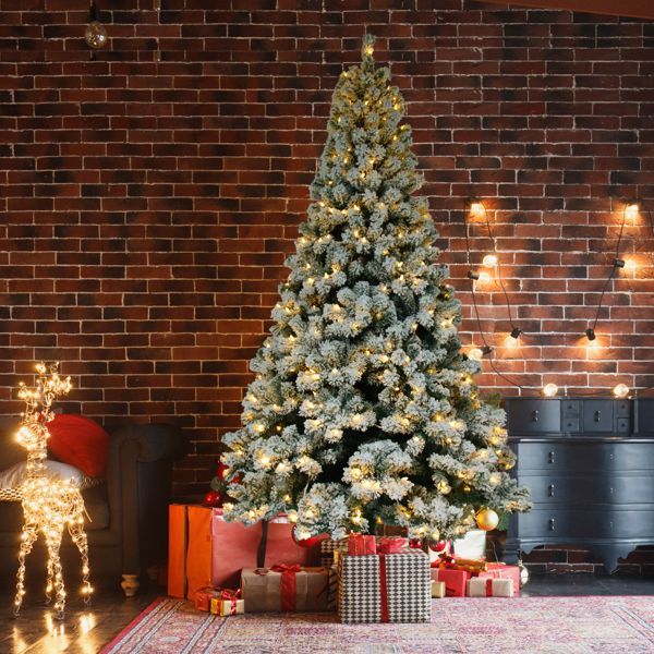 6ft Snow-Flocked Christmas Tree with 1202 Branches and Tied Lights – Perfect Holiday Decor for Christmas 2024