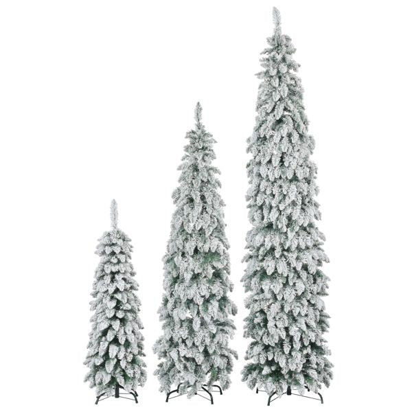 4FT, 6FT, 8FT Pre-Lit Snow-Flocked Pencil Christmas Trees with LED Lights – Slim Holiday Decor Set for Home & Office 2024