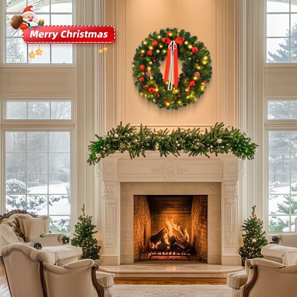 Pre-lit 24-inch Christmas Wreath - Battery-Powered with Warm LED Lights & DIY Ornaments, Perfect for Front Door, Holiday Decor 2024