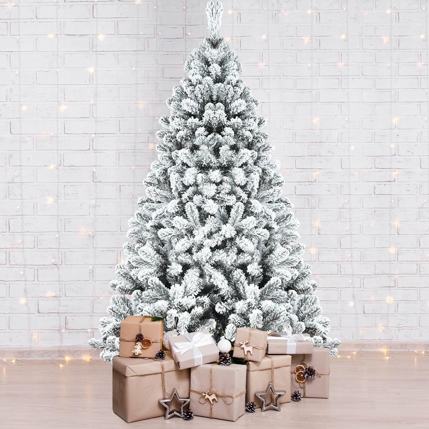 8ft Snow-Flocked Hinged Christmas Tree – Eco-Friendly Fireproof PVC, Easy Assembly for Holiday Decor 2024