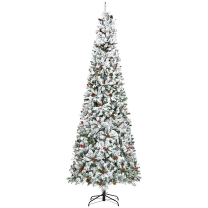 9 Foot Slim Snow-Flocked Pencil Christmas Tree with Realistic Pine Branches, Pine Cones, and Red Berries – Perfect Holiday Decor for Christmas 2024