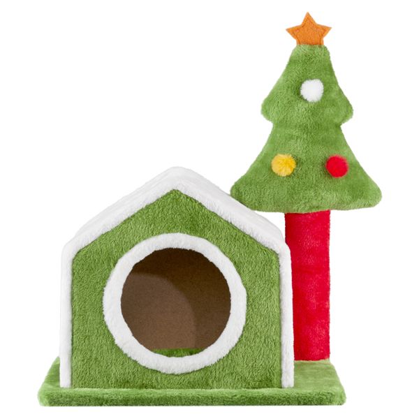 24-inch Plush Christmas Cat Cave – Festive Tree Design, Cozy Bed for Indoor Cats, Holiday Decor 2024