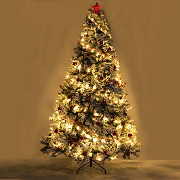 7.5 ft Pre-Lit Green Flocked Christmas Tree with 1450 Branches and Warm LED Lights - Perfect Holiday Decor for Christmas 2024