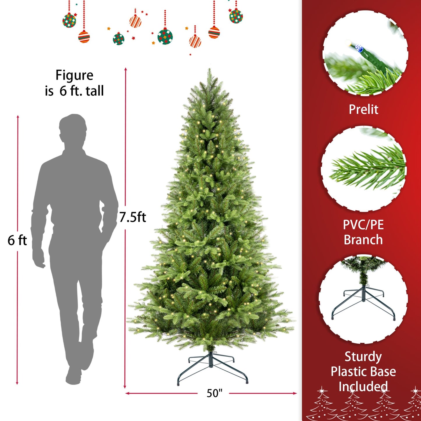 7.5 ft Pre-Lit Green Everett Balsam Christmas Tree – 550 Multi-Colour LED Lights for Home & Office Holiday Decor 2024