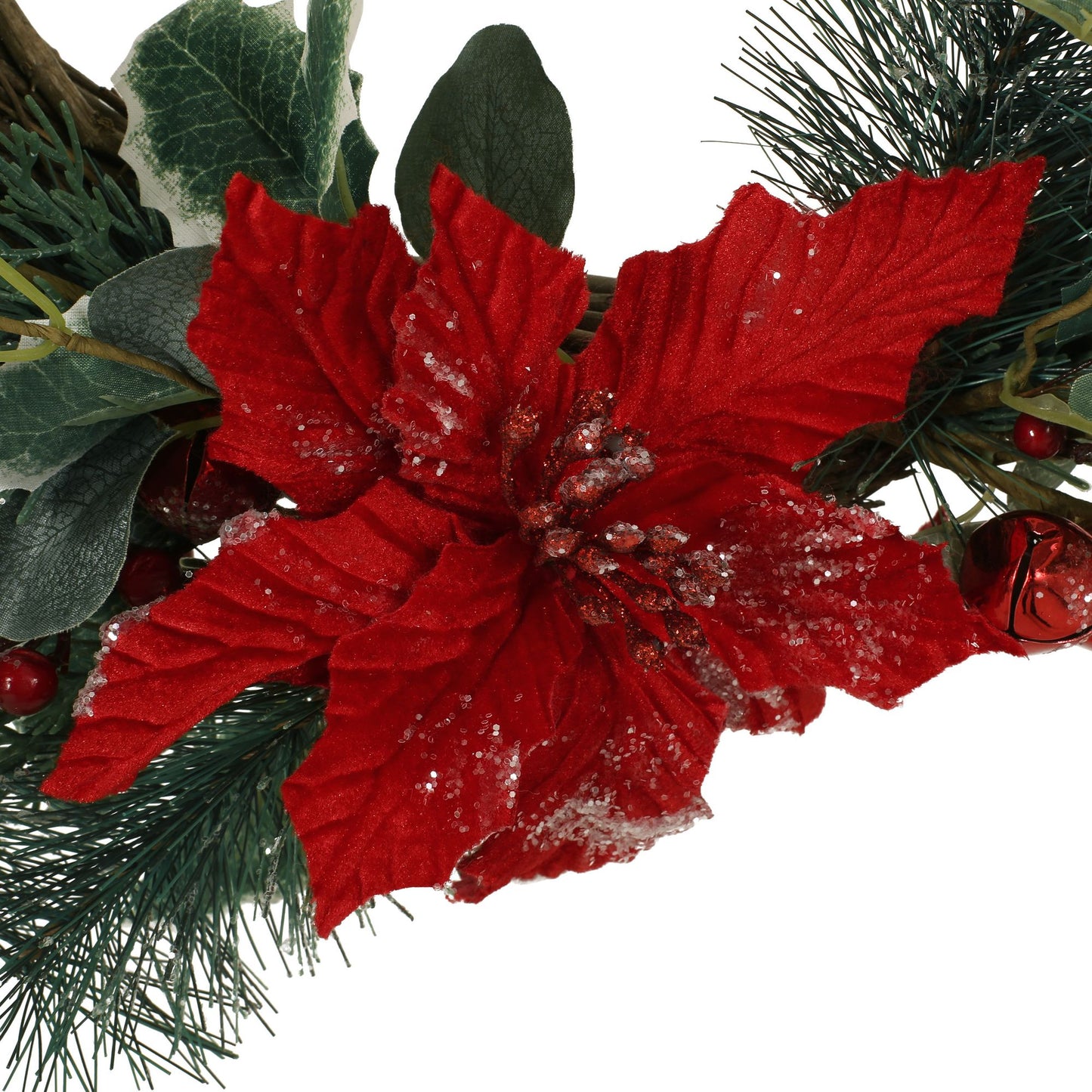 23.5-inch Poinsettia & Eucalyptus Holiday Wreath – Vibrant Red Berries, Perfect for Front Door, Christmas Decor 2024