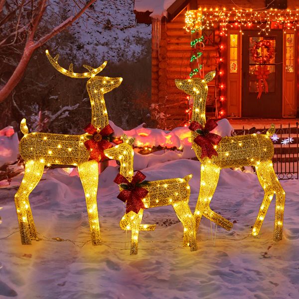 Pre-Lit 3-Piece Lighted Christmas Reindeer Family Set – Weatherproof 2D Outdoor Decor with 200 Warm White LEDs, Holiday Cheer for Christmas 2024