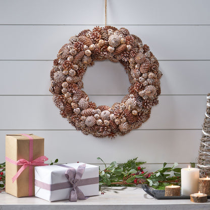 18.5-inch Champagne Pinecone Christmas Wreath – Glitter Accents, Perfect for Front Door, Holiday Decor 2024