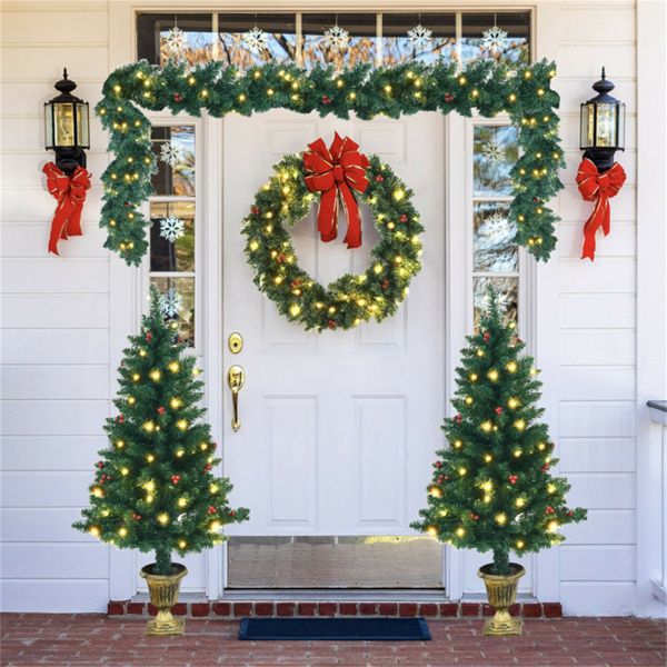 4-Piece Pre-Lit Christmas Decoration Set with Wreath, Garland, and Entrance Trees for Festive Holiday Decor 2024