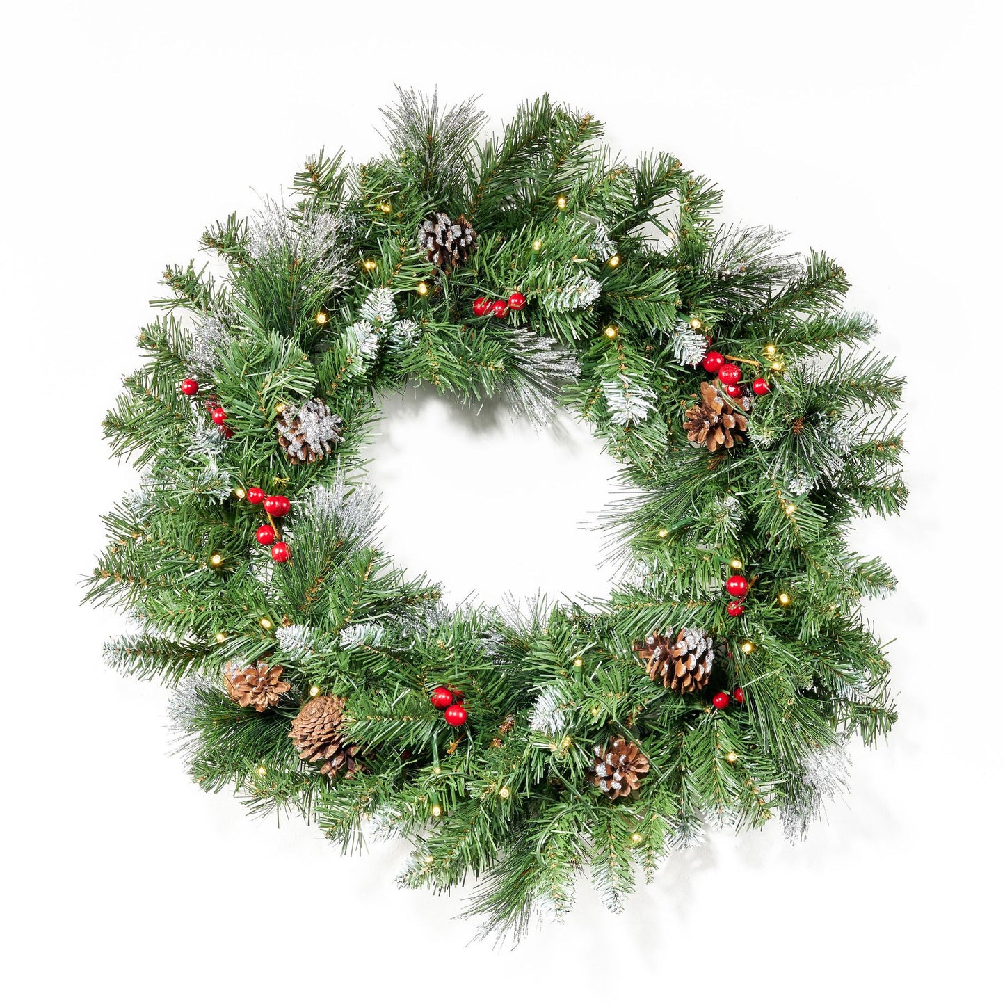 24-inch Glitter Bristle Christmas Wreath – LED Lit with Red Berries & Pine Cones, Battery Operated for Outdoor Use, Holiday Decor 2024