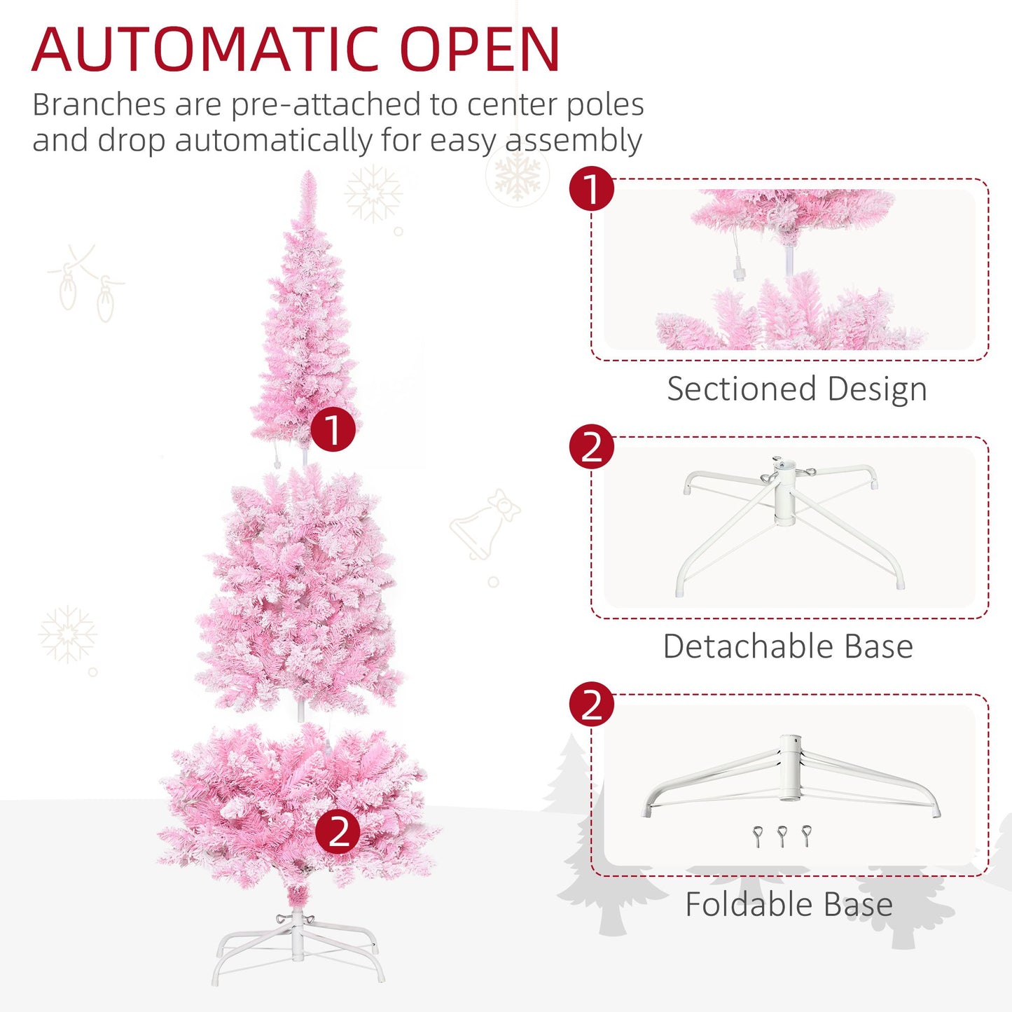 6 ft Snow-Flocked Pink Pencil Christmas Tree – Pre-Lit with Warm White LED Lights, Perfect for Festive Home Decor 2024