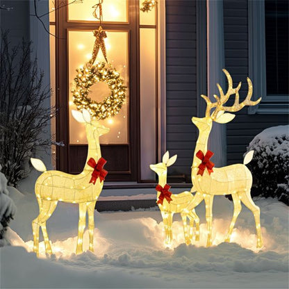 3-Piece LED Lit Reindeer Family Set – Silver with Red Bows, Outdoor Safe Christmas Decoration 2024