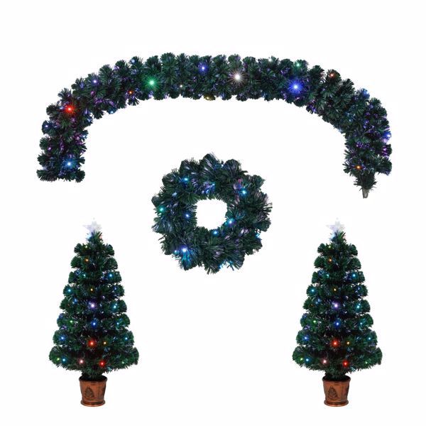 4 ft Pre-Lit Optical Fiber Christmas Tree Set - Colorful LED Lights with Garland, Wreath & Entrance Trees for Festive Holiday Decor 2024