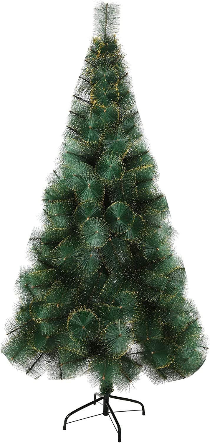 6 ft Classic Pine Needle Christmas Tree – Realistic Green Design with Golden Accents, Ideal Holiday Decor for Home & Office 2024