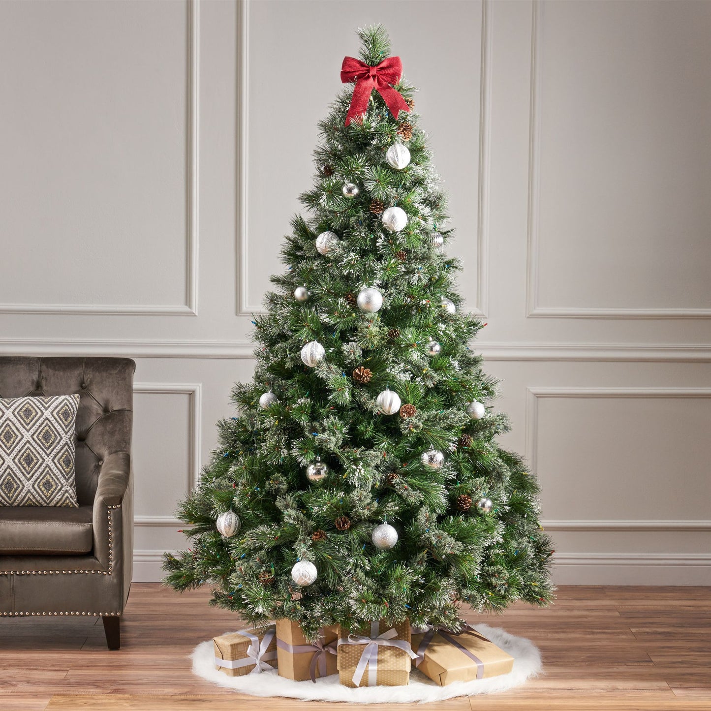 7 ft Snow-Flocked Cashmere Christmas Tree with 900 LED Lights & 75 Pine Cones - Perfect Holiday Decor for Christmas 2024