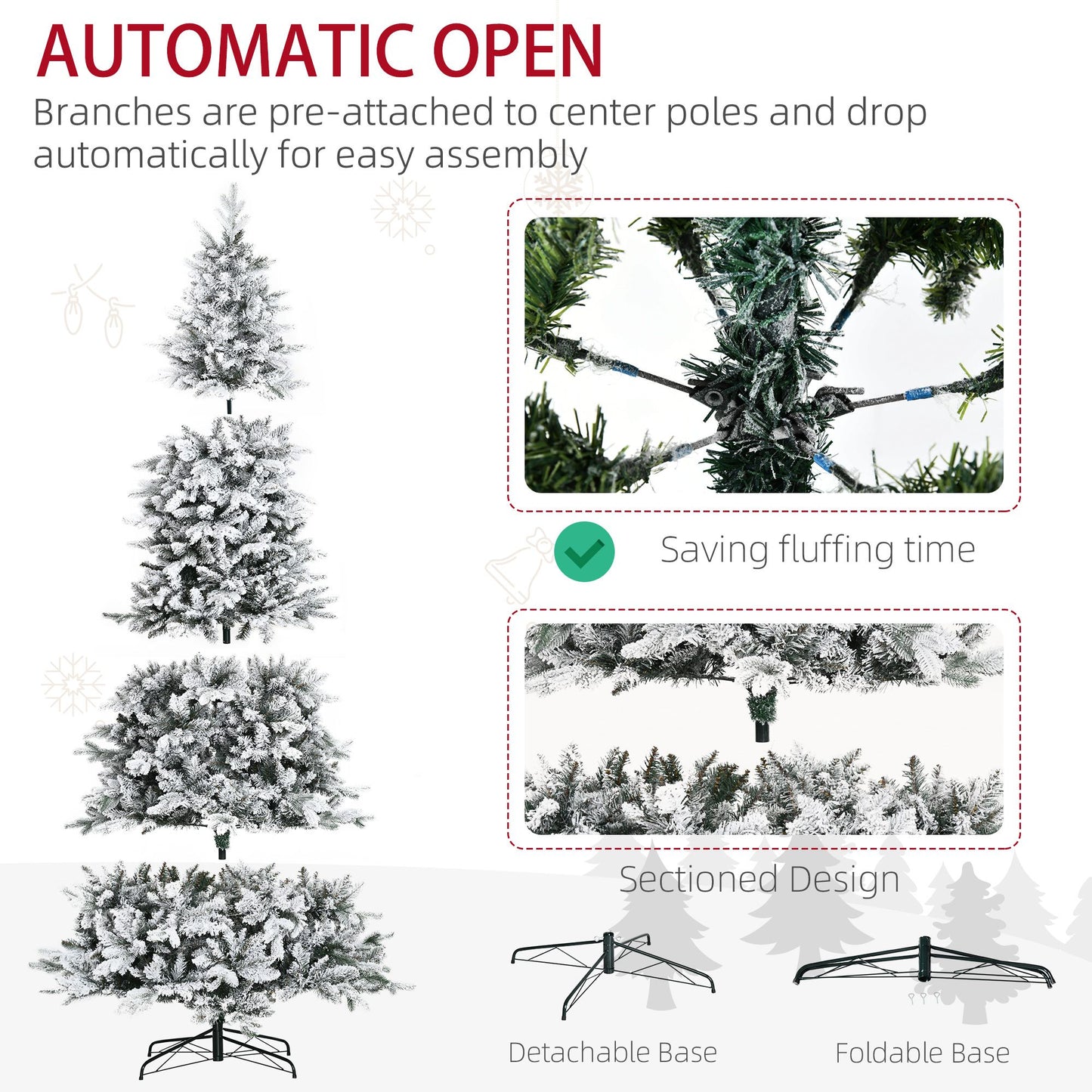 9 ft Snow-Flocked Pine Christmas Tree with 616 Realistic Cedar Branches – Auto Open Holiday Decor for Home 2024