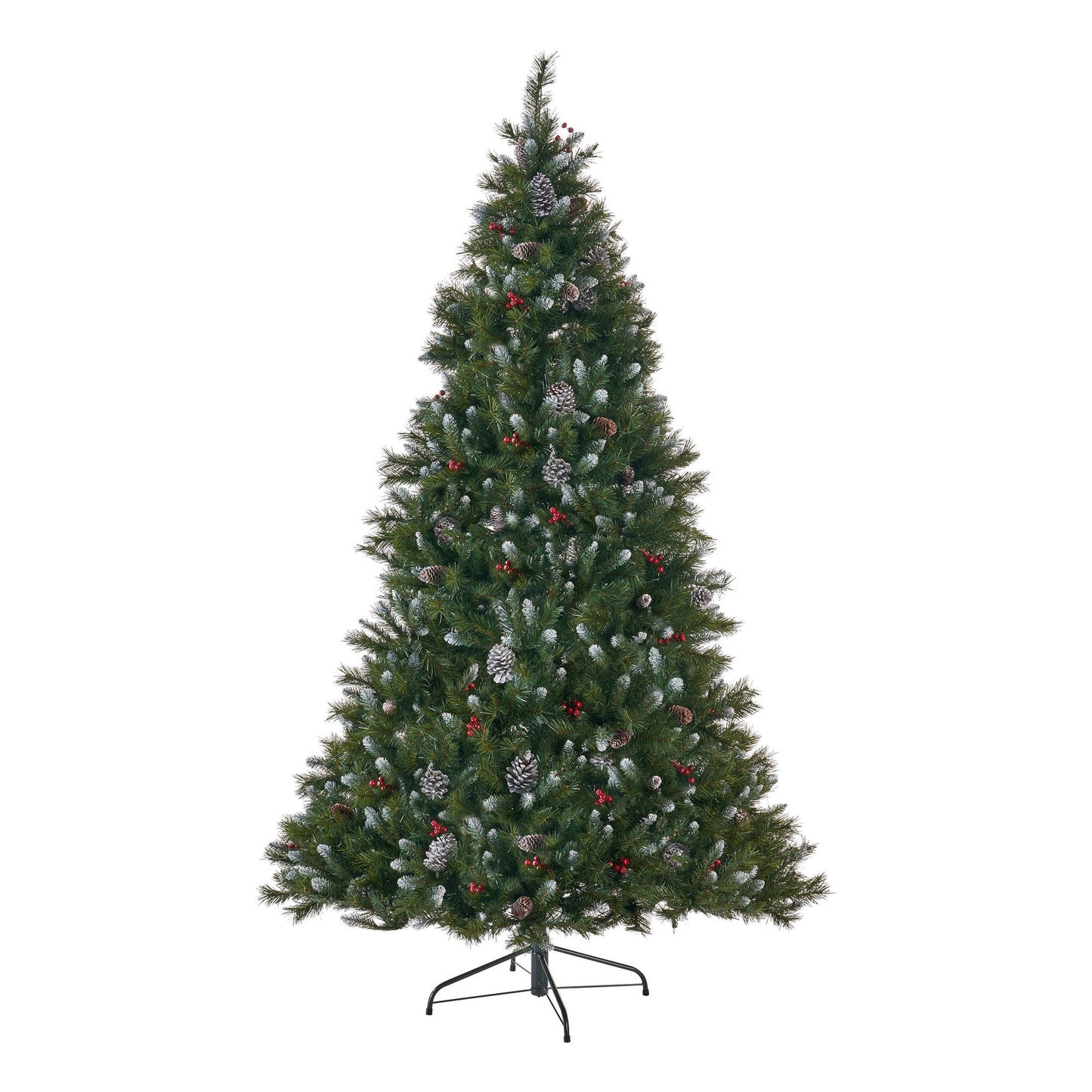 7 ft Frosted Hinged Christmas Tree with 450 Clear Lights, 52 Pine Cones & 26 Red Berries – Festive Holiday Decor for Home 2024