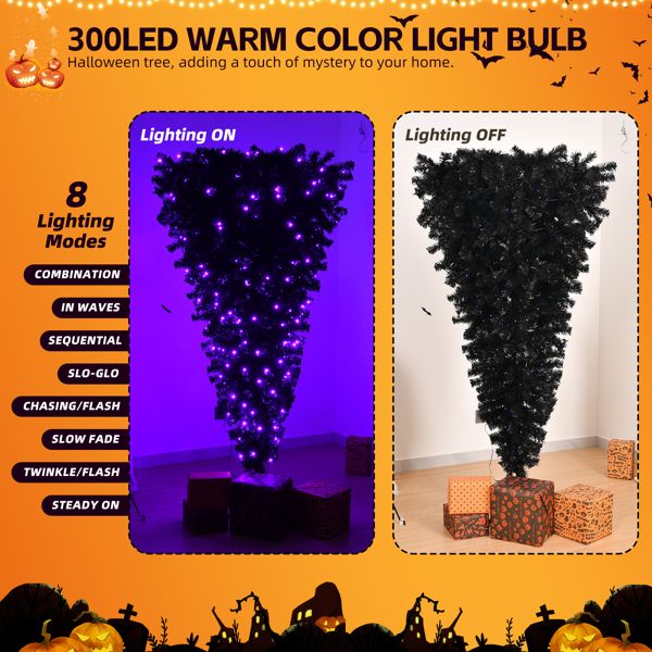 6 FT Pre-Lit Black Upside Down Christmas Tree with Purple Lights & Halloween Ornaments – Unique Holiday Decor for Spooky Festivities 2024