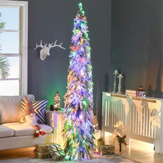 7 ft Slim Snow-Flocked Christmas Tree – Pre-Lit with 350 LED Lights, Ideal Holiday Decor for Small Spaces 2024