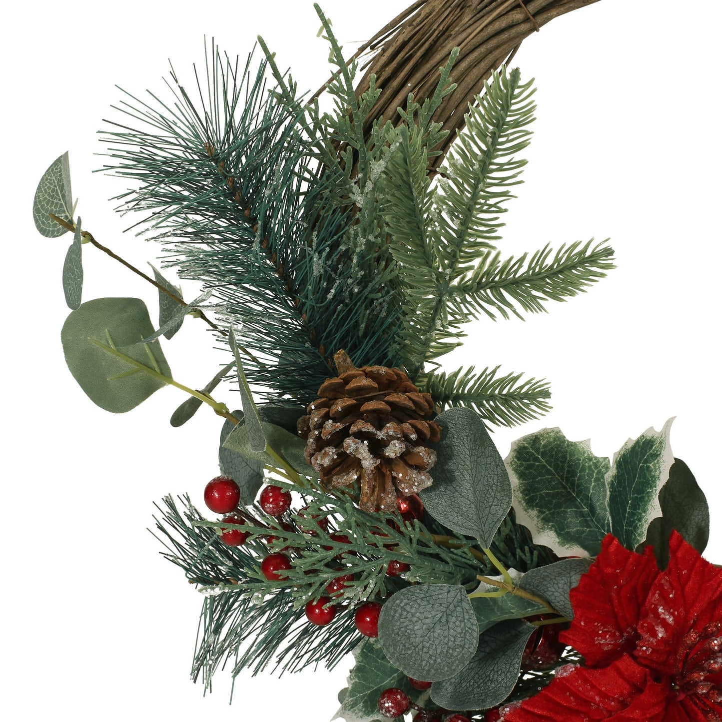 23.5-inch Poinsettia & Eucalyptus Holiday Wreath – Vibrant Red Berries, Perfect for Front Door, Christmas Decor 2024