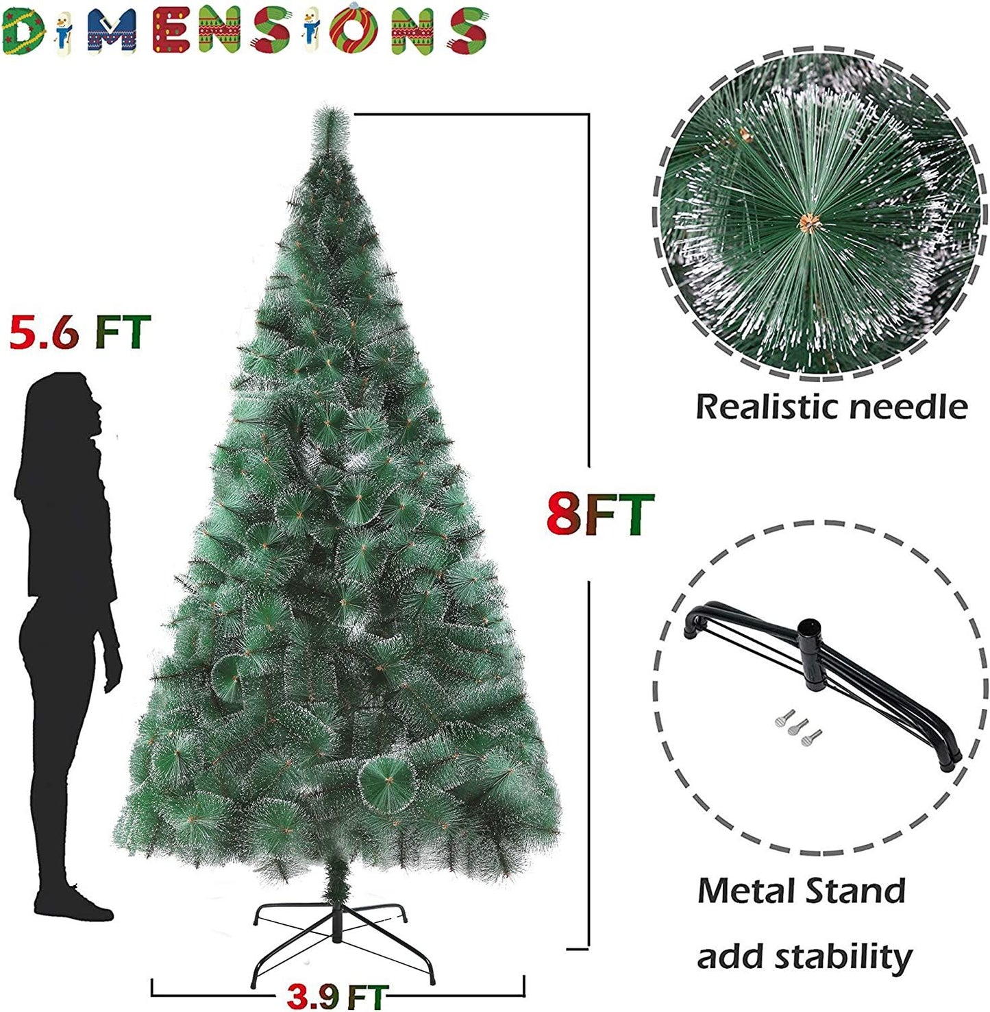 8 ft Snow-Flocked Classic Pine Needle Artificial Christmas Tree with Metal Base - Ideal Holiday Decor for Home 2024