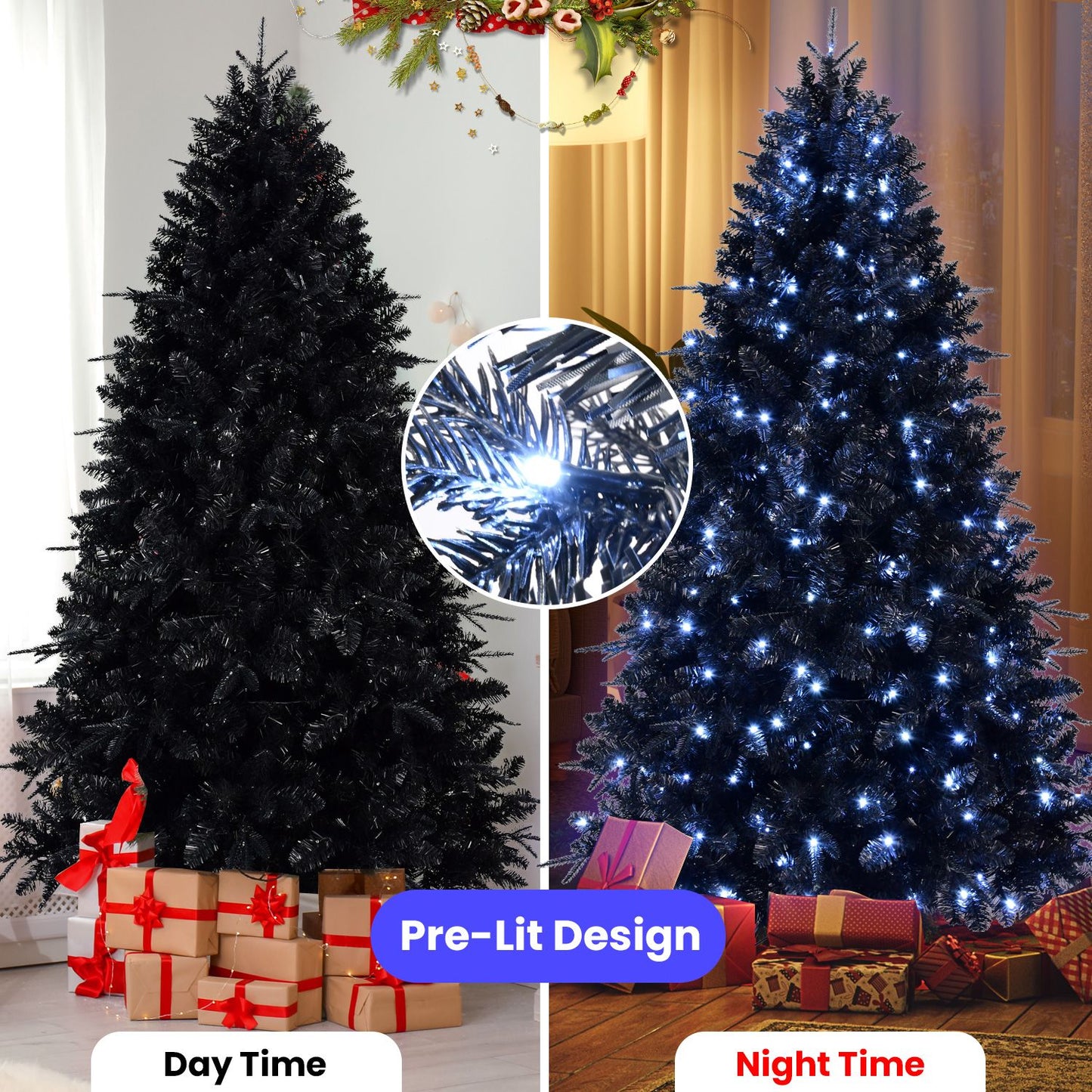 8ft Pre-Lit Black Christmas Tree – Full Artificial Holiday Decoration with 2486 Branch Tips & 600 Lights for Festive Decor 2024