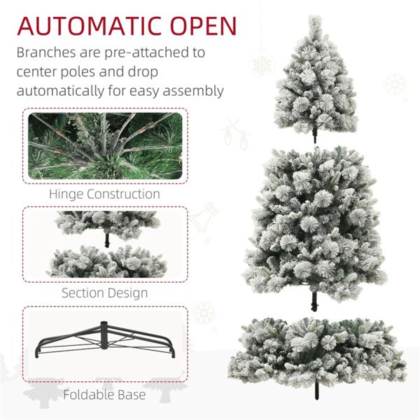 6.5 ft Pre-Lit Snow-Flocked Christmas Tree – Realistic Holiday Decor with Warm White Lights, Perfect for Home Christmas 2024