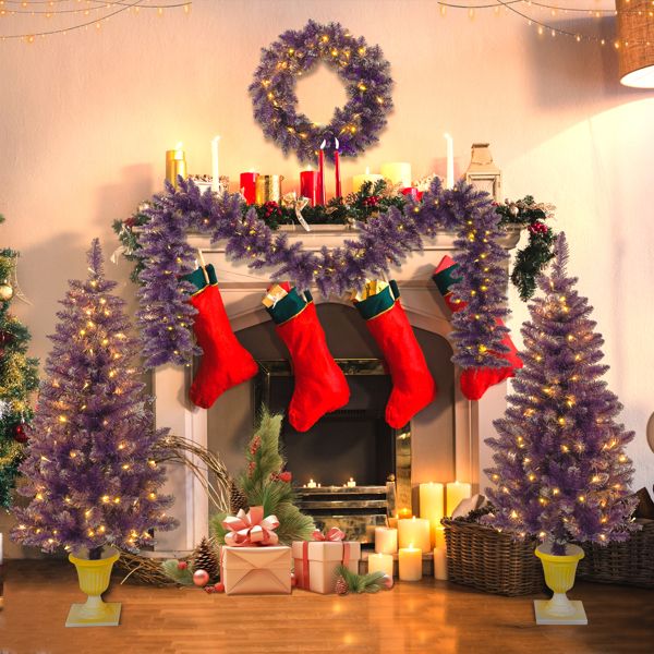 4 ft Pre-Lit Purple Christmas Tree Set with Wreath, Garland & Entrance Trees – LED Holiday Decor for Festive Celebrations 2024