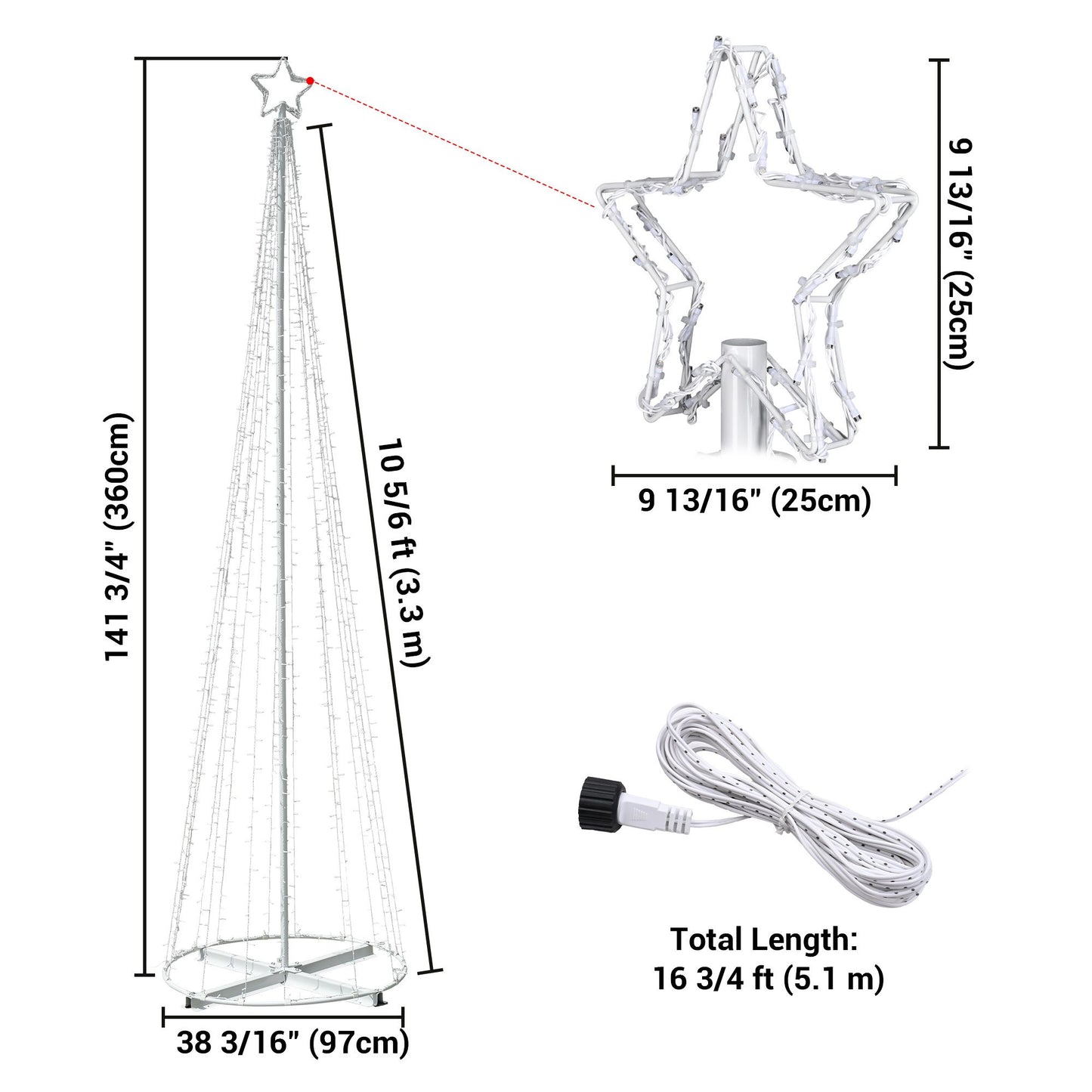 12 ft Solar-Powered LED Christmas Cone Tree Light with 1120 Warm White Lights - Festive Outdoor Holiday Decor for 2024