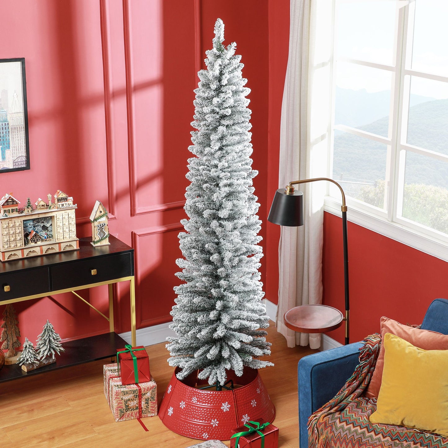 7 ft Snow-Flocked Pencil Christmas Tree with Realistic Tips & Metal Base – Perfect Holiday Decor for Small Spaces 2024