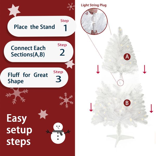 4ft Pre-Lit White Norwood Spruce Christmas Tree – 100 Warm White LED Lights, Realistic PVC Design for Indoor Holiday Decor 2024