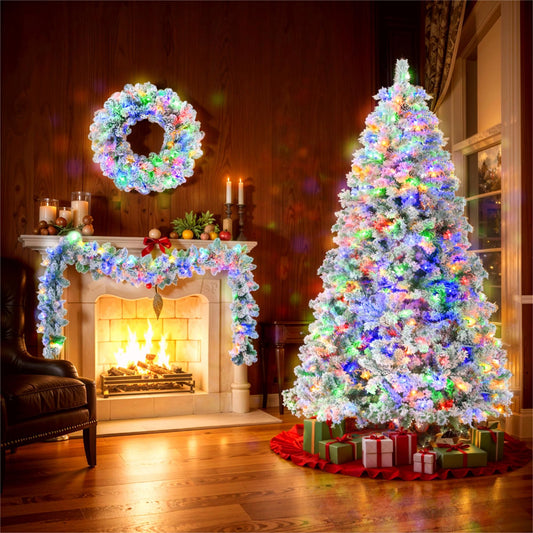 6FT Pre-Lit Snow-Flocked Christmas Tree Set with Garland & Wreath - Colorful LED Lights, 8 Modes, Pine Cones, Festive Holiday Decor for Home 2024