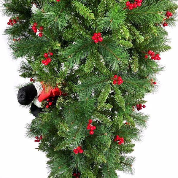 7.5 FT Inverted Christmas Tree with Santa's Legs & Berries - Unique PVC Holiday Decoration for Festive Celebrations