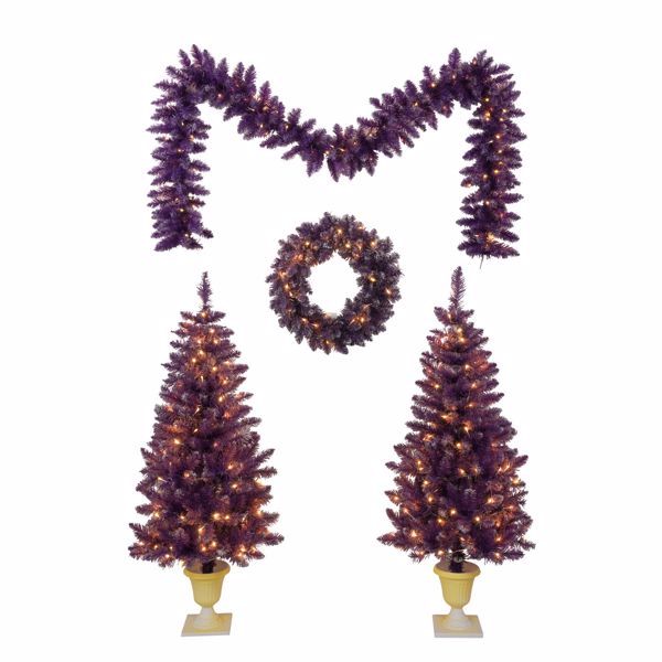 4 ft Pre-Lit Purple Christmas Tree Set with Wreath, Garland & Entrance Trees – LED Holiday Decor for Festive Celebrations 2024