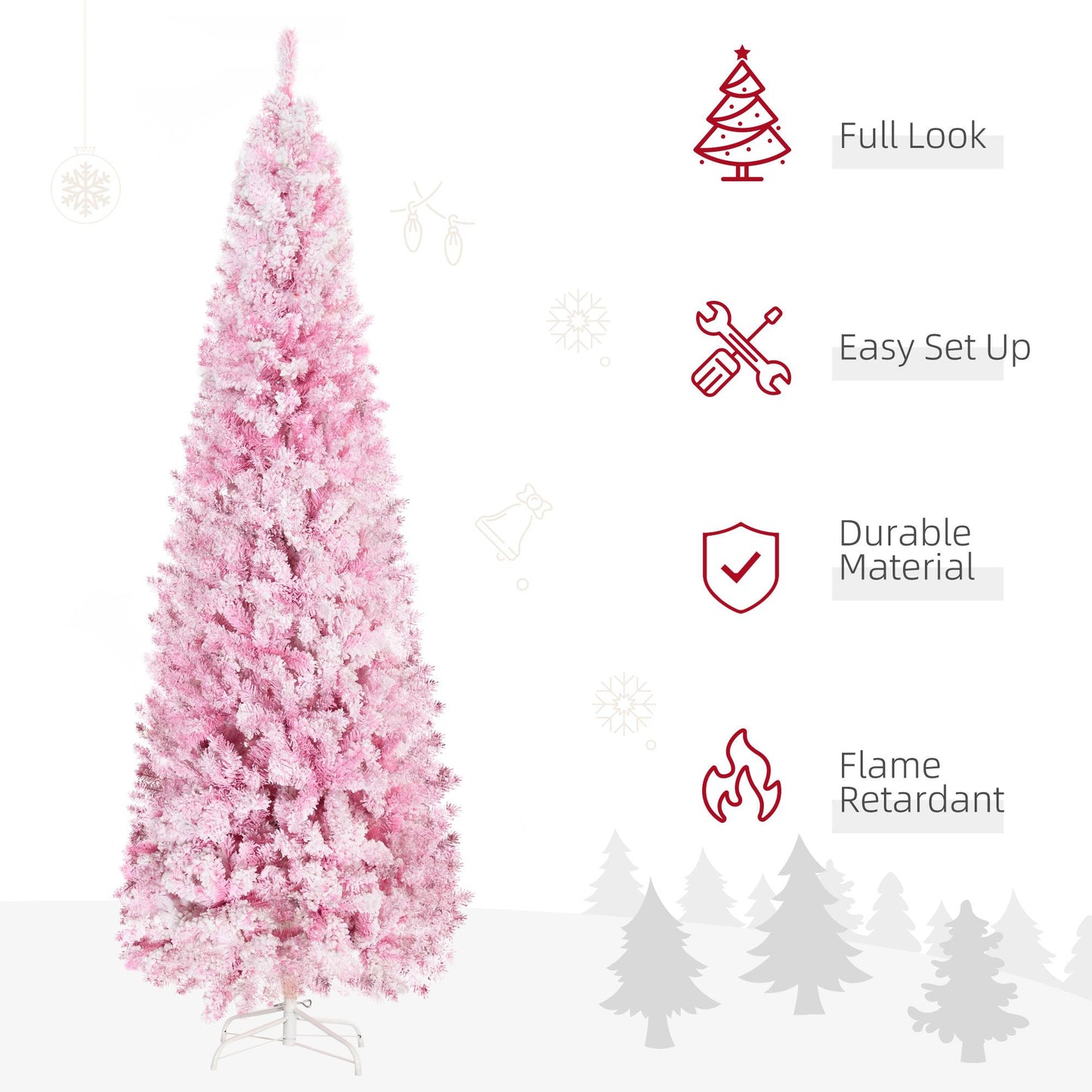 7.5 ft Slim Pencil Pink Christmas Tree – Snow-Flocked Artificial Tree with Realistic Branches for Festive Holiday Decor 2024