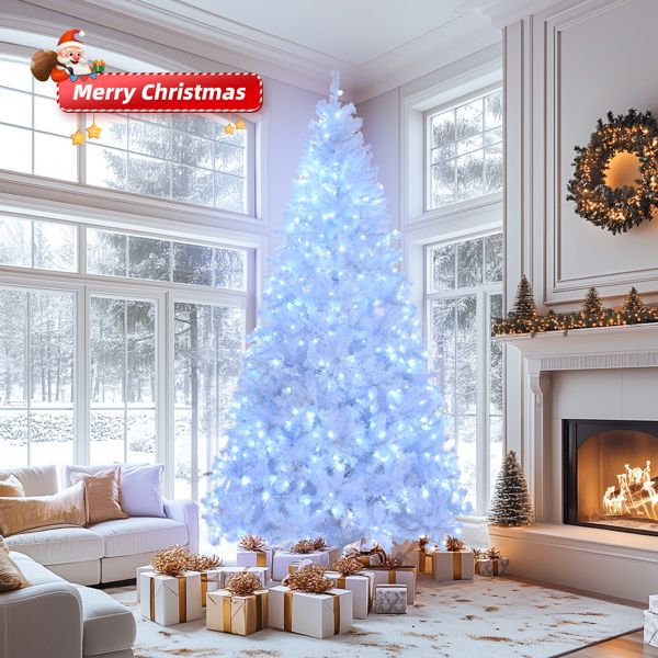 8 FT Pre-Lit White Pine Christmas Tree – Lush with 1500 Branch Tips and 500 LED Lights, Perfect Holiday Decor for Home or Office Christmas 2024