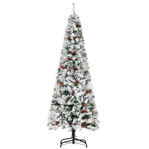 6ft Slim Snow-Flocked Christmas Tree with Pinecones and Red Berries – Ideal Holiday Decor for Small Spaces 2024