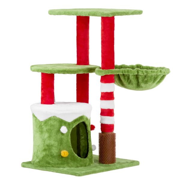 32in Festive Plush Cat Tree Tower with Condo, Hammock & Massage Brush - Christmas Themed Activity Center for Indoor Cats