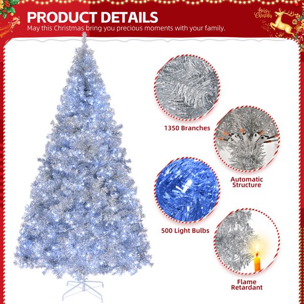 8 FT Pre-Lit Silver Christmas Tree – Lifelike Pine with 550 LED Lights & Remote Control, Perfect Holiday Decor for Home & Office 2024